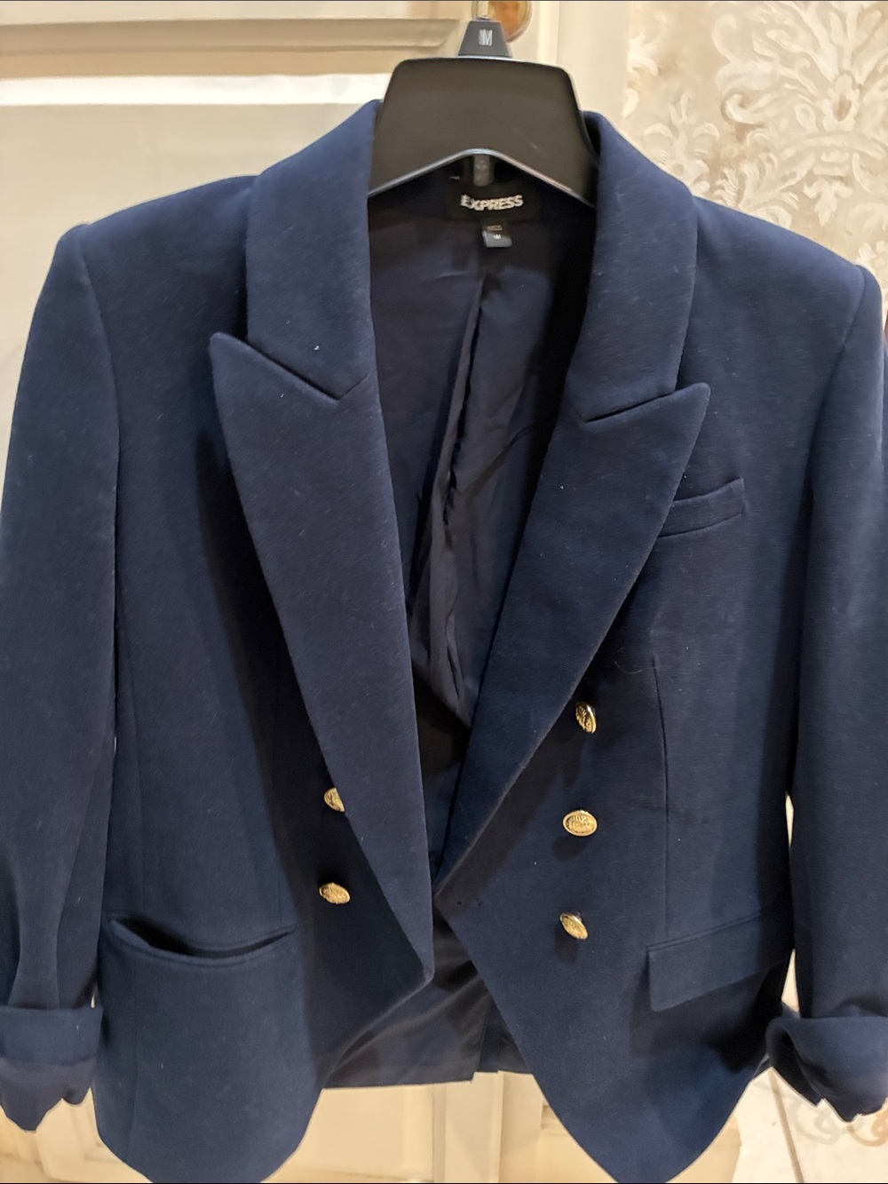 Express Navy Double-Breasted Pea Coat with Gold Buttons
